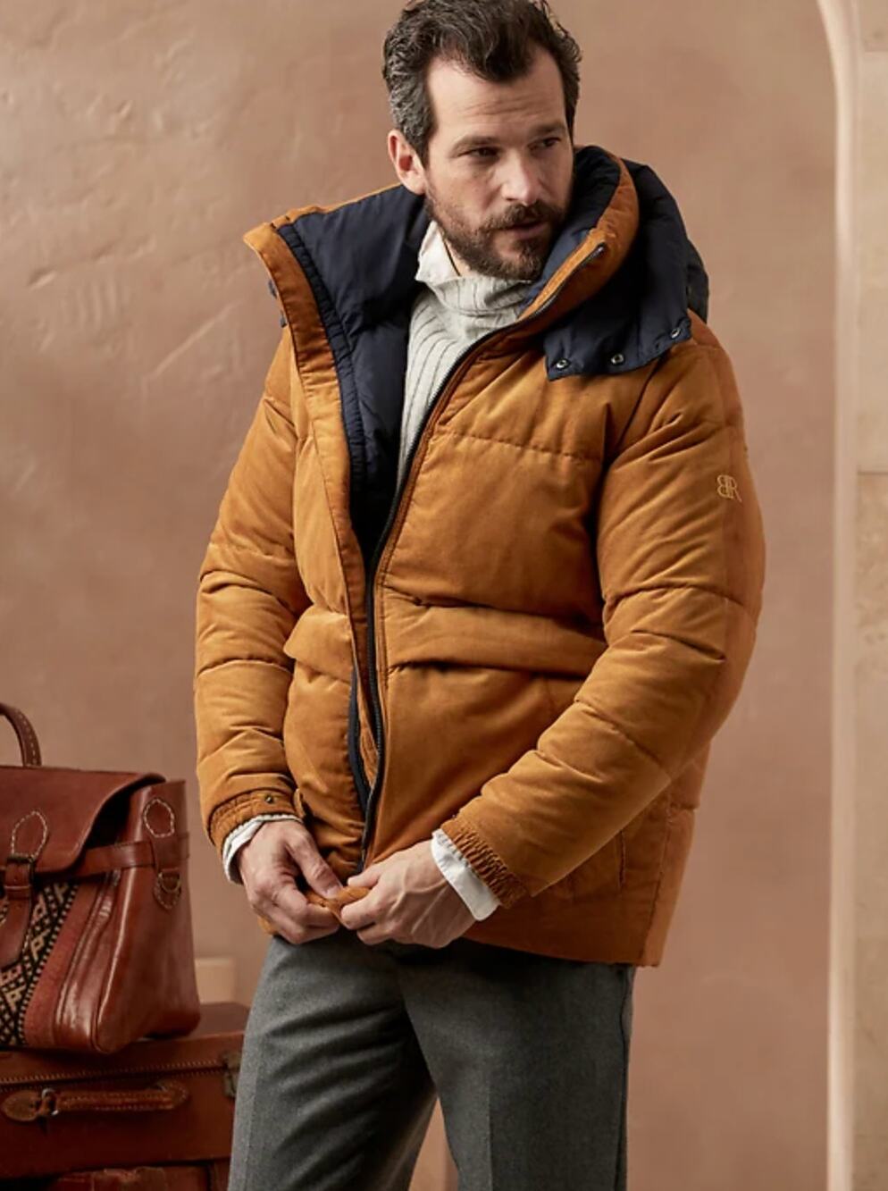 Banana Republic Corduroy Down Puffer Coat Mens L Brown Detachable Hood Cotton